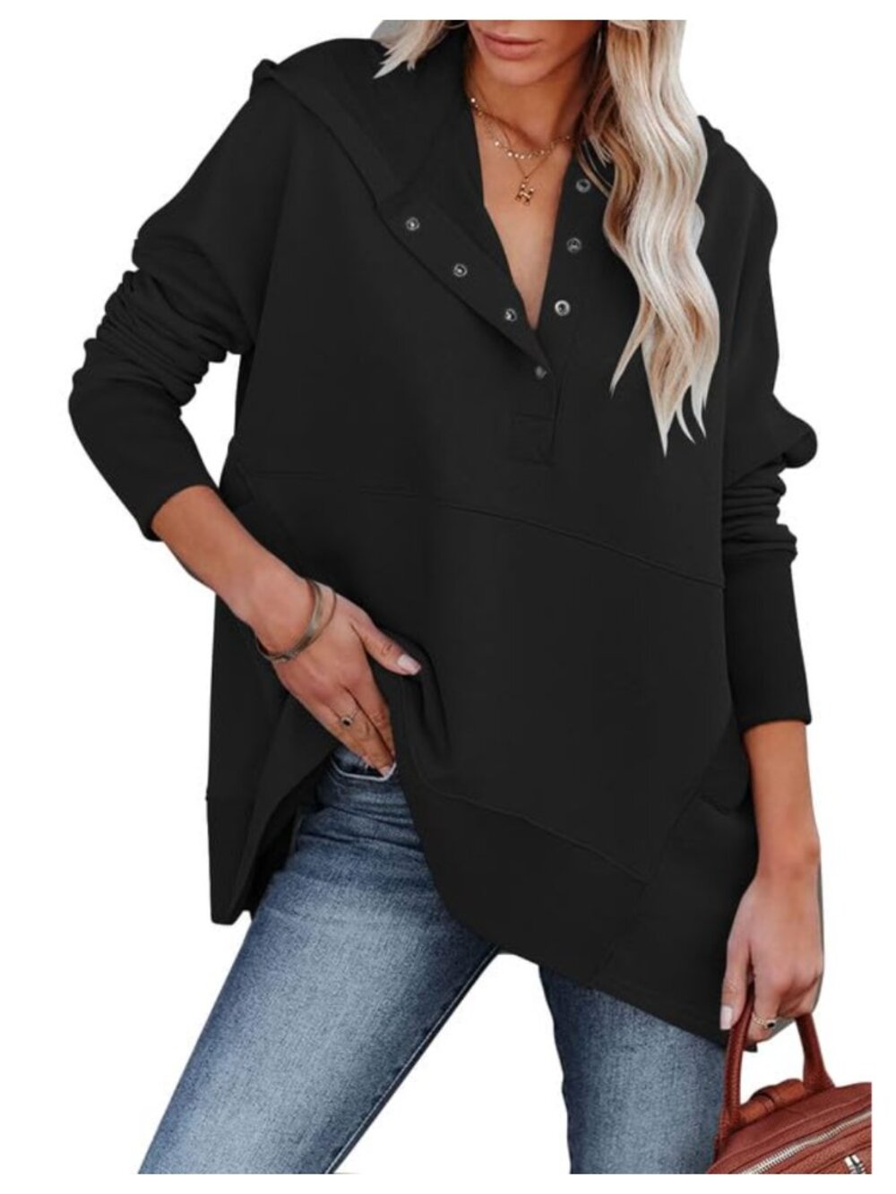 Oversized Button Down V Neck Hoodie Sweatshirt Pullover